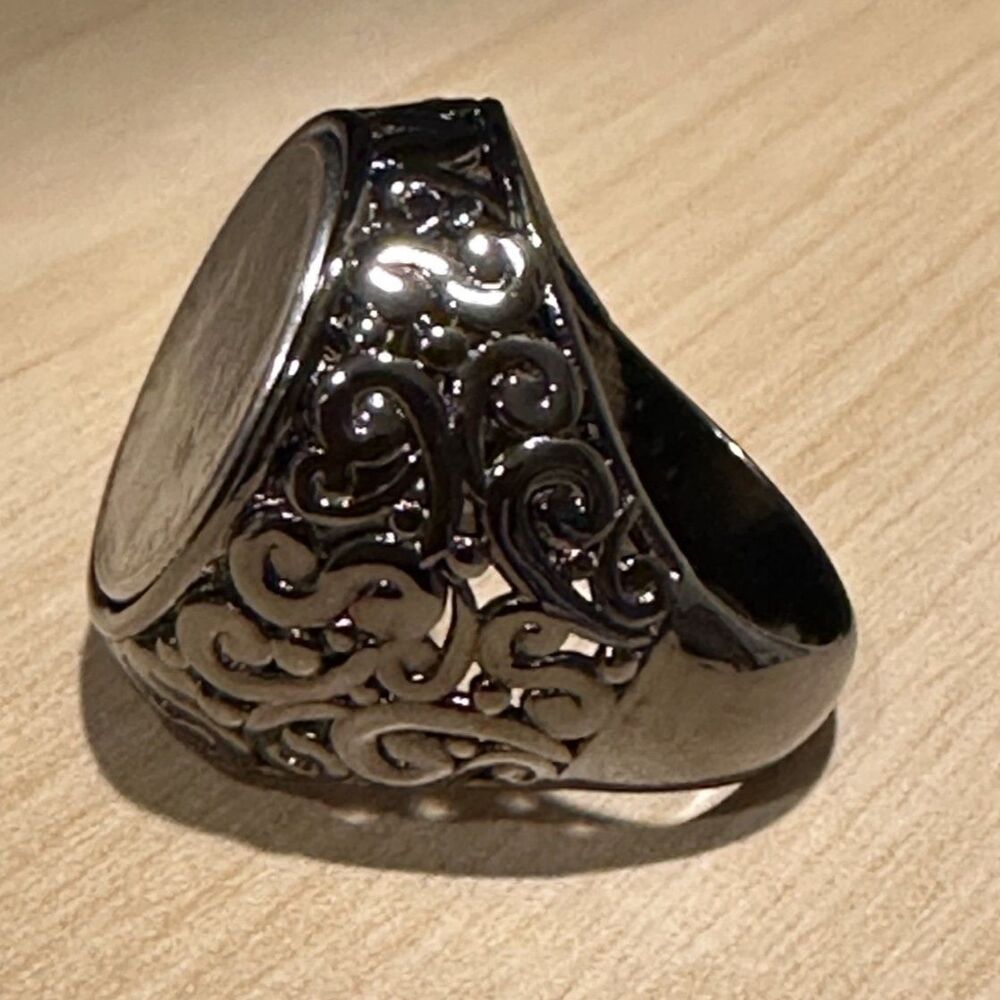 Italian Lira Coin Ring Filigree Scroll Stainless Steel Signet Size 10